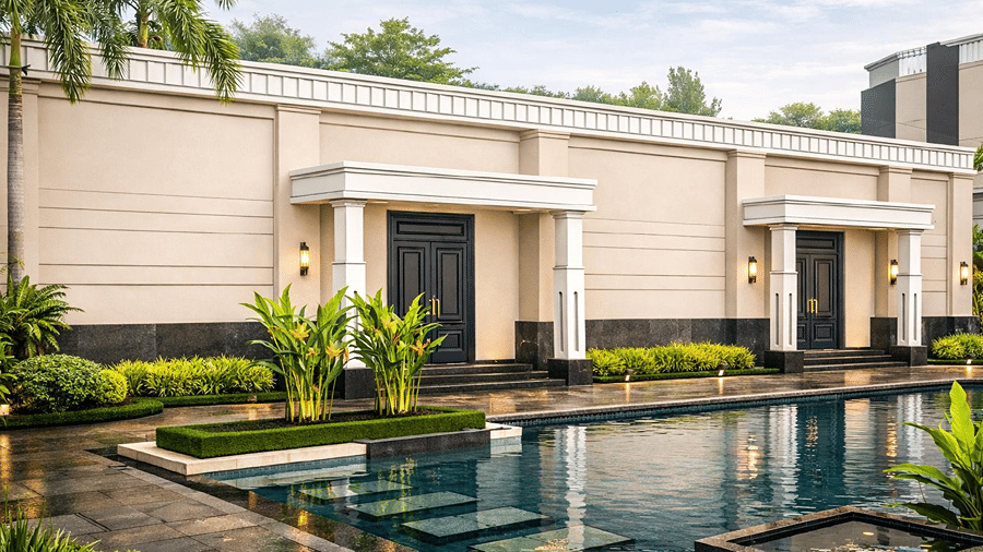 Spacious outdoor swimming pool surrounded by tropical palm trees and the resort's modern exterior building.