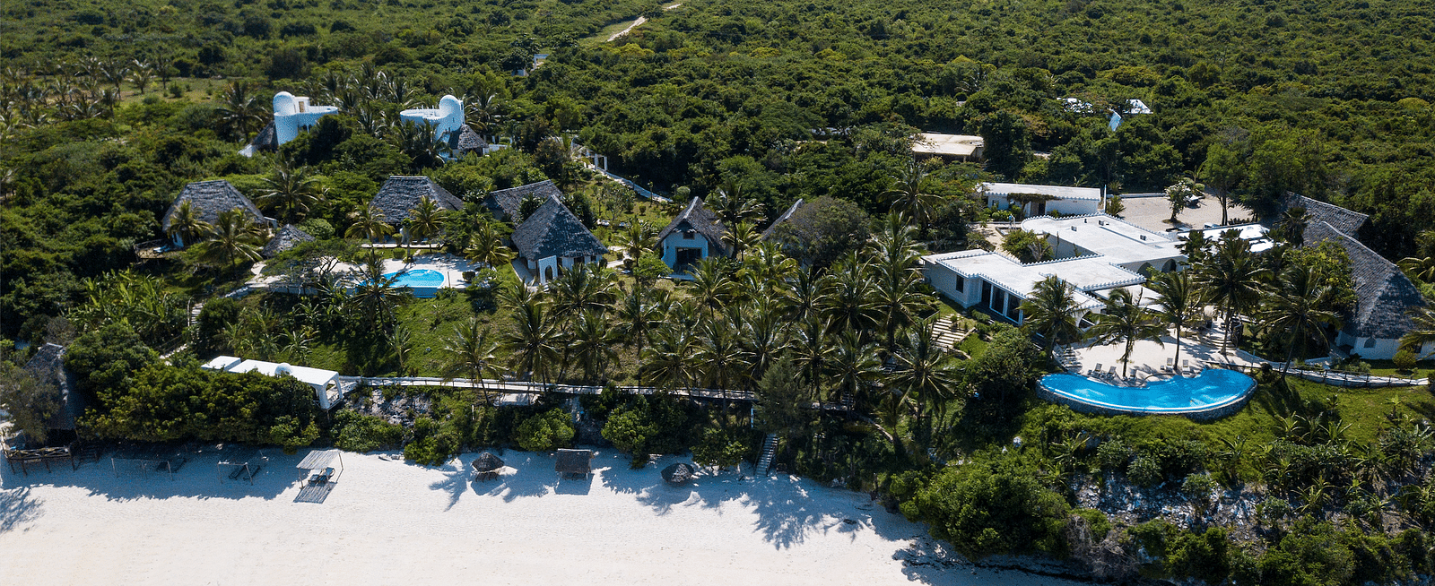 An aerial view of a dense, green forest with shooting star Boutique Hotel interspersed. A small, circular, blue pool is visible among the trees