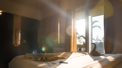 A warm, sun-drenched hotel bedroom, with bright sunlight streaming in through a window, creating lens flare - Pride Premier Dehradun