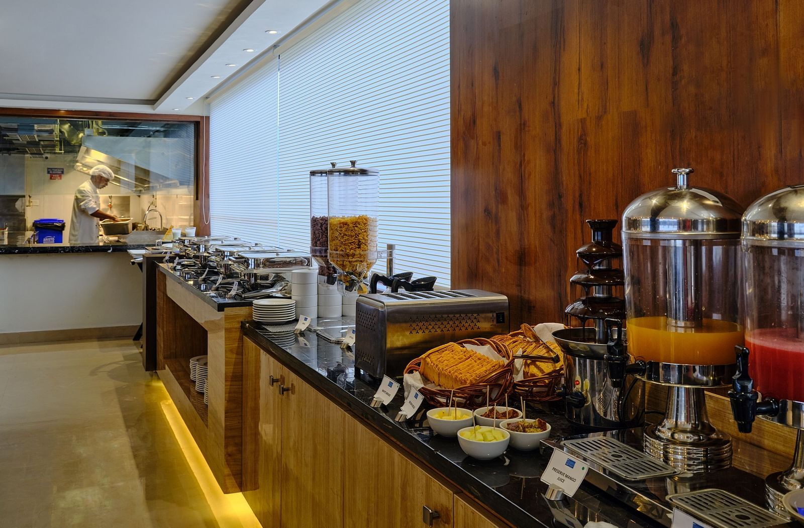 The buffet counter in a restaurant at Essentia Premier Hotel, Chennai