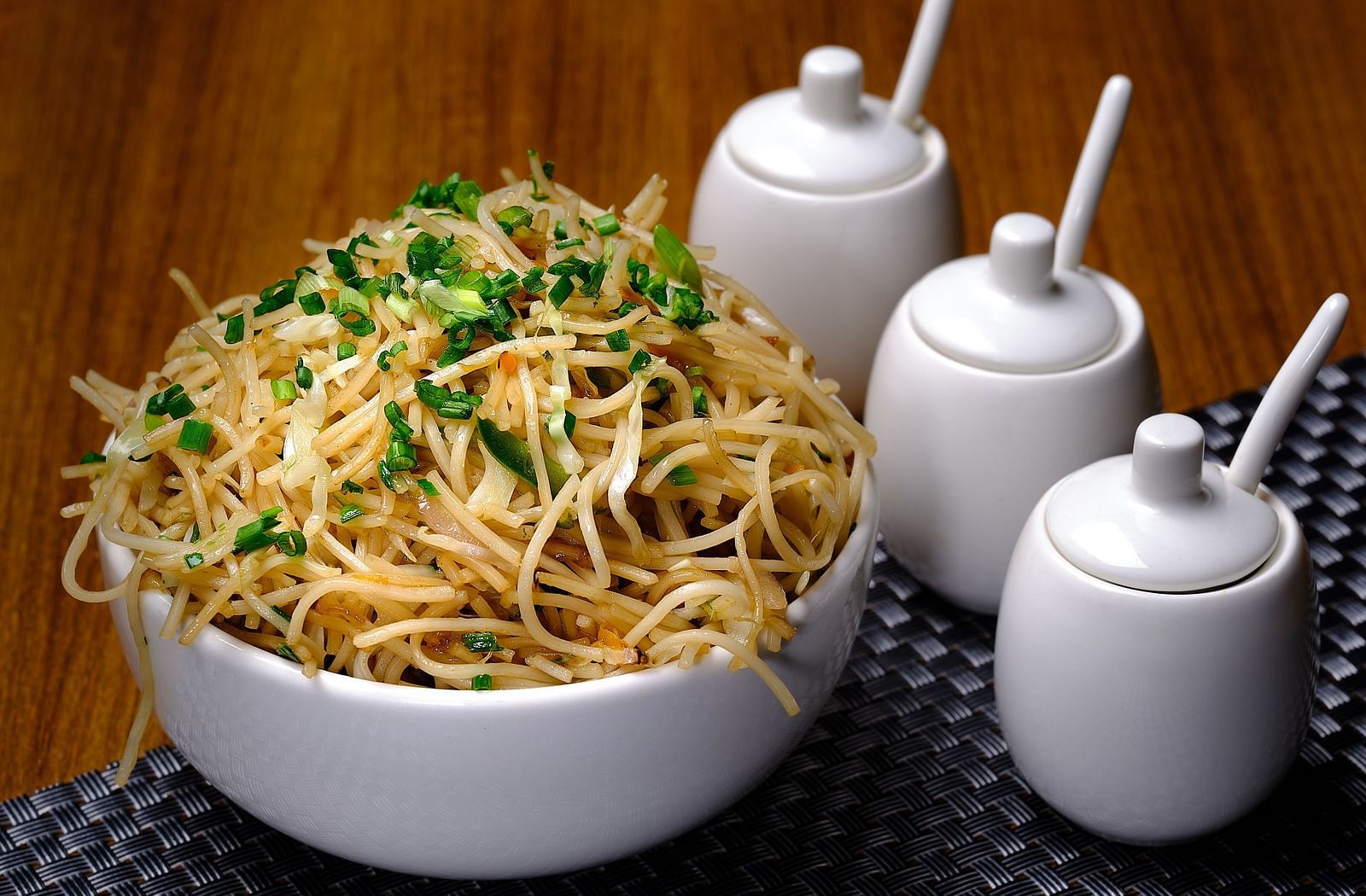 Noodles served with some sauces at Essentia Premier Hotel, Chennai