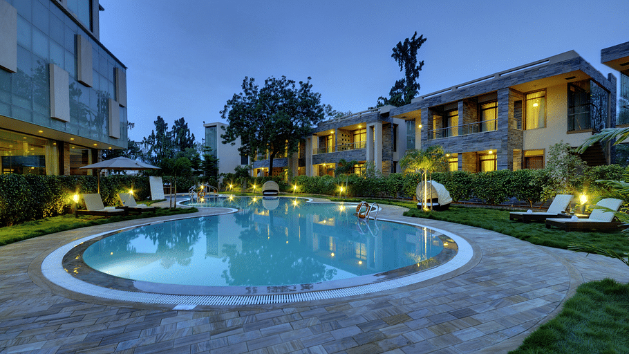 Swimming pool with buildings on either side