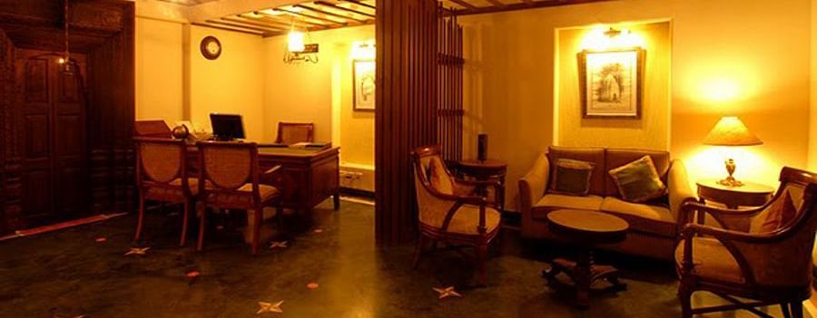 Indoor hotel restaurant with elegant lighting.