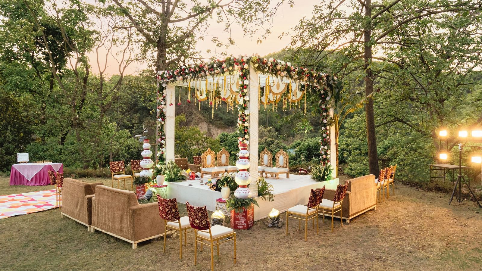 A view of a wedding setup in the lawn at The Sylvan Retreat, Dehradun.
