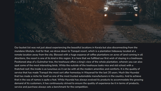 A car review travelogue featuring a vehicle driving down a paved path through the plantation grounds of Tranquil Resort, Wayanad.