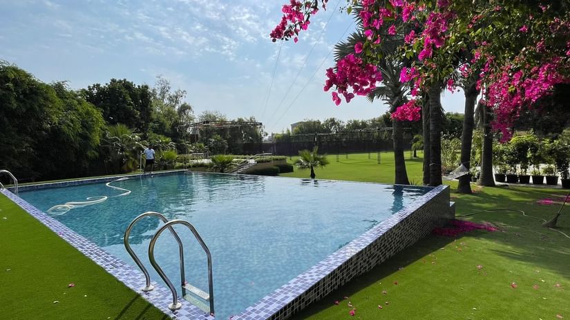Infinity-edge swimming pool at The Lalita Grand Mathura - Vrindavan, surrounded by lush green lawns and blooming pink bougainvillea under a clear blue sky.