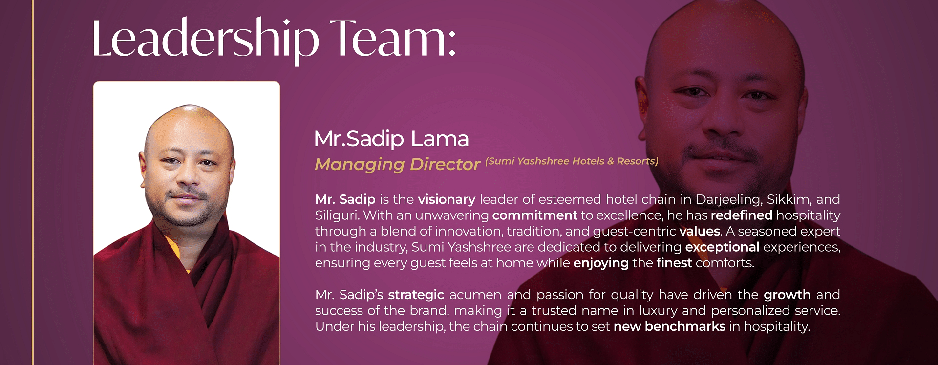 Leadership team slide featuring Mr. Sadalay Lama with his career and industry experience
