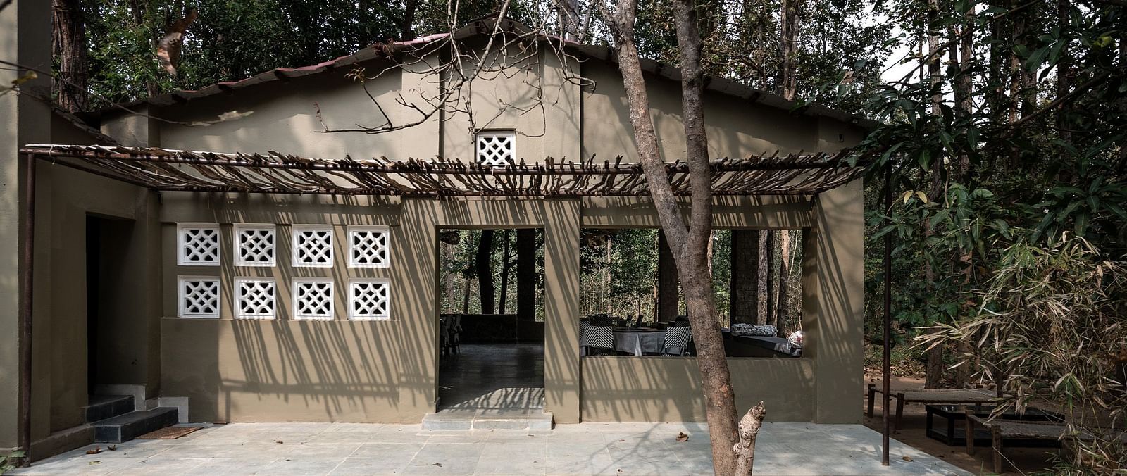 Facade of Dining room at Saccharum Safari Lodge, Balaghat