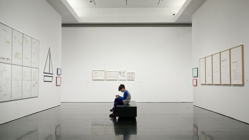 A person sitting in the centre of the museum with paintings hung on the walls