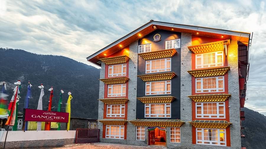 Facade of Summit Gangchen Hotel, Lachen with Tibetian architecture