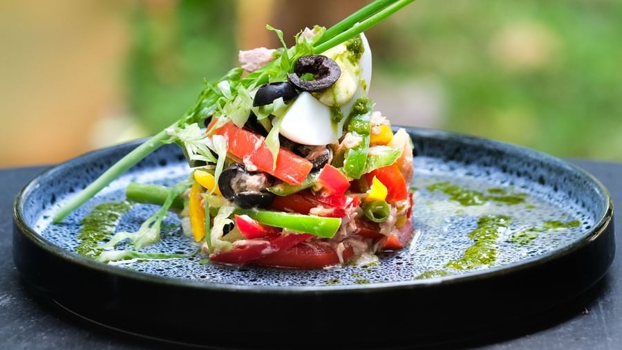 Tomato and mozzarella salad with basil on a plate | Mango Hill, Pondicherry
