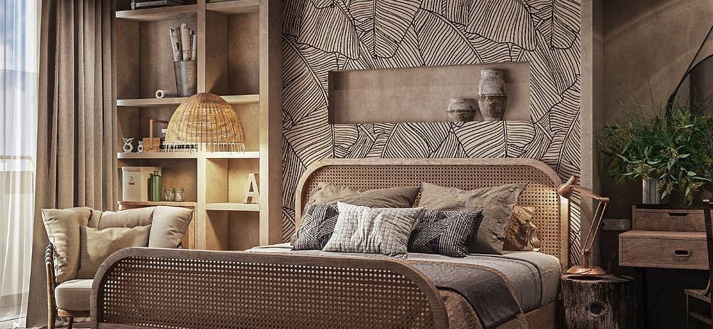 A room featuring a large bed with a small shelf above the headboard and another shelf beside the bed at The Evren, Vagator.