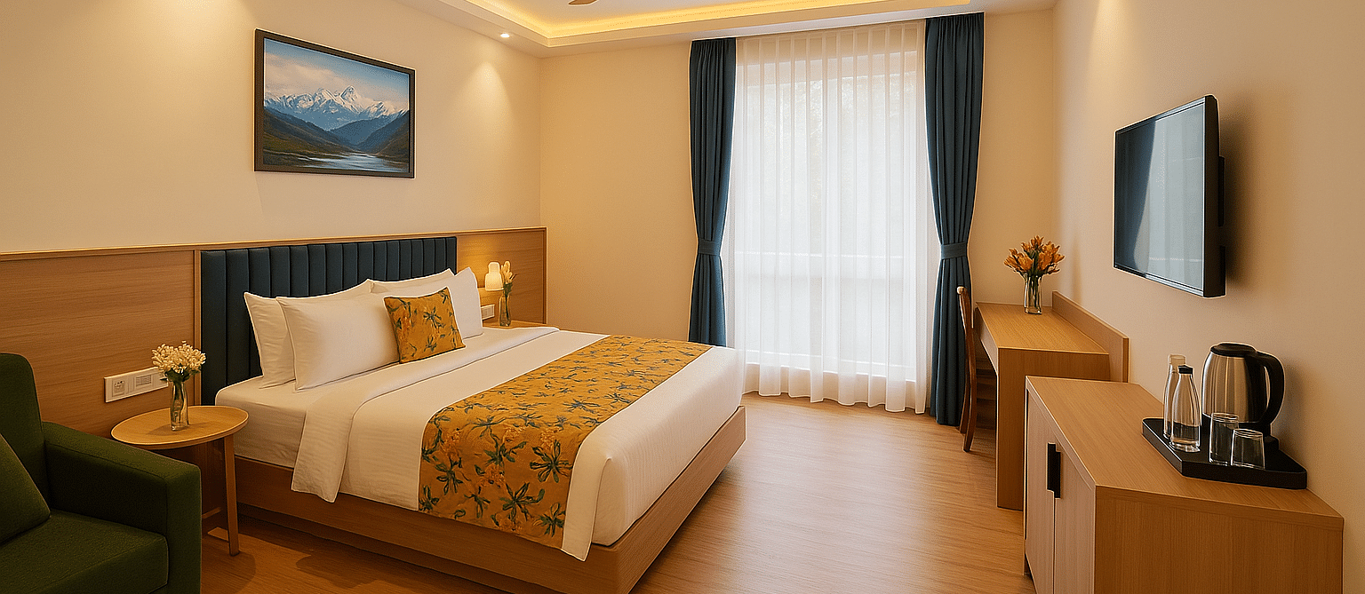 Side view of King Executive Room with a cosy king sized bed, wall-mounted TV, and elegant ceiling design at Summit Norling Resort & Spa, Gangtok