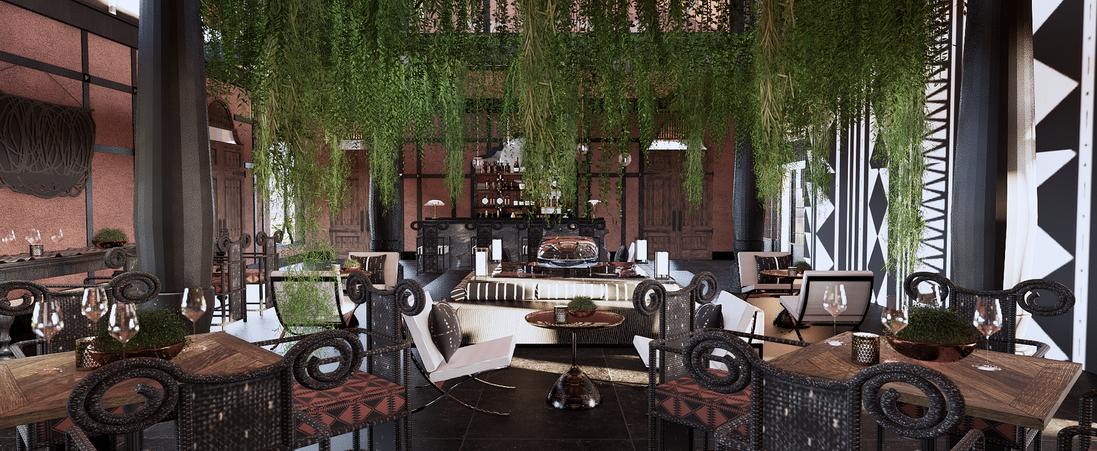 A lounge area with tables and chairs, hanging plants, and a bar counter in the background - Rhino and River BluSalzz Collection, Pobitora