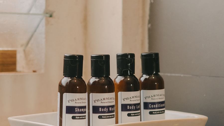 Premium toiletries in the bathroom of One BHK Apartment, Richmonde Ananta Elite, Goa.