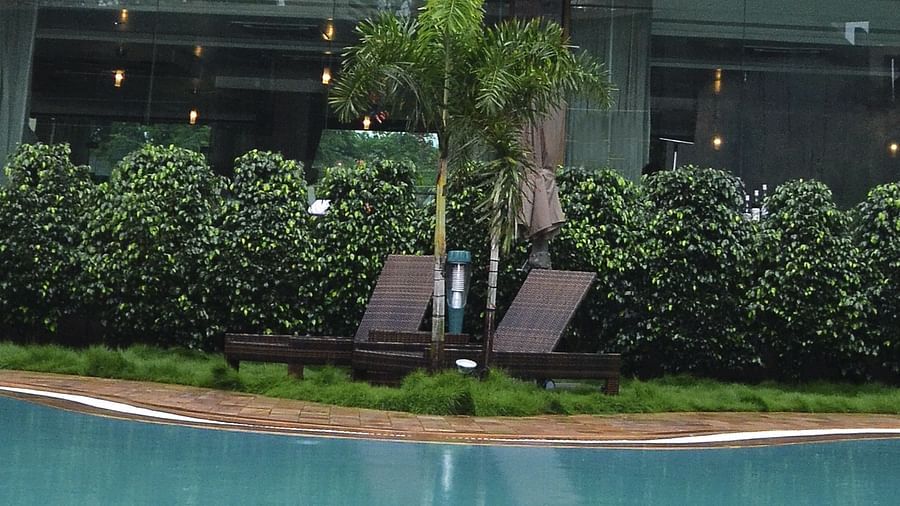 Lounge chairs beside a swimming pool