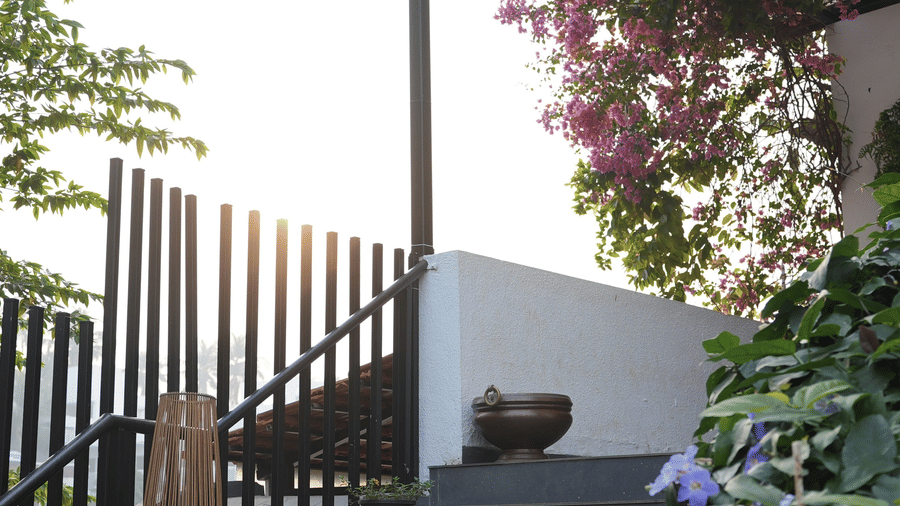 Outdoor steps leading up under a black metal pergola frame, with flowering plants at Bougainvillea, Alibaug.