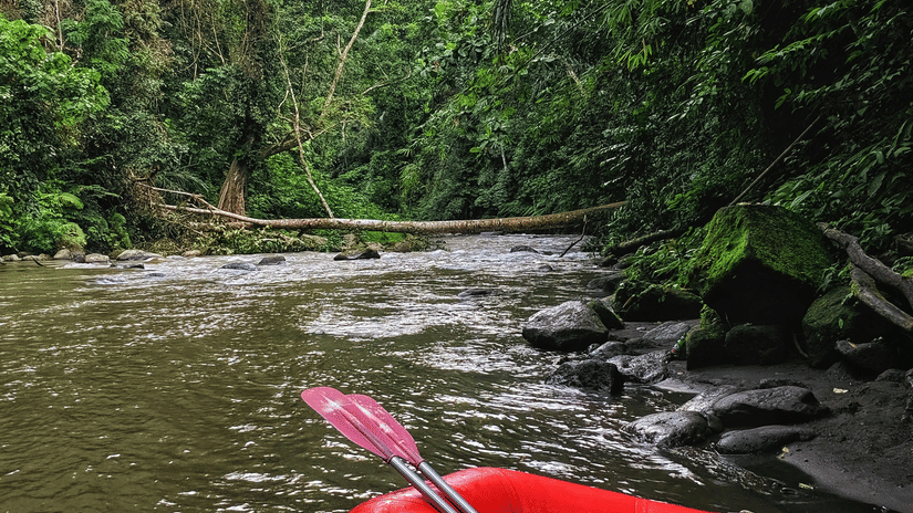 Red inflatable raft floating through a calm river surrounded by dense forest.