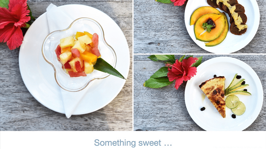A collage of various gourmet desserts displayed on rustic wooden tables with floral garnishes at Shooting Star Boutique Hotel