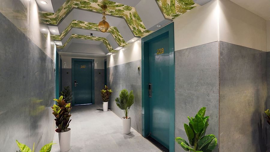 Lobby area of Hotel Regal Heaven, Pune with plants placed on either side of the hallway.