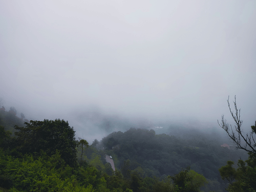 Soft mist blankets verdant hills and forested slopes, creating a peaceful mountain scene where drifting clouds obscure the distant landscape beautifully.