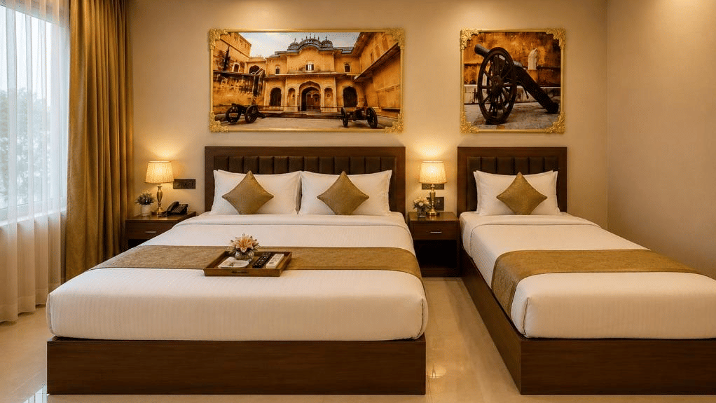 A bedroom inside Lime Tree Hotel & Banquet, Jaipur. The room contains two beds, two pictures on the wall, and curtains over a window.