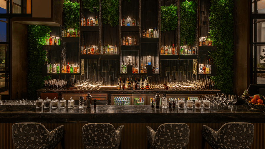 Eden bar with a well stocked shelf and hanging greenery above the counter at The Residency Signature Madurai.