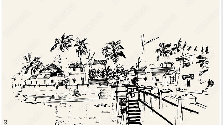 ImagBlack and white sketch illustration of Gokarna, India, depicting traditional houses, palm trees, a riverside staircase, and a walkway with railings.e