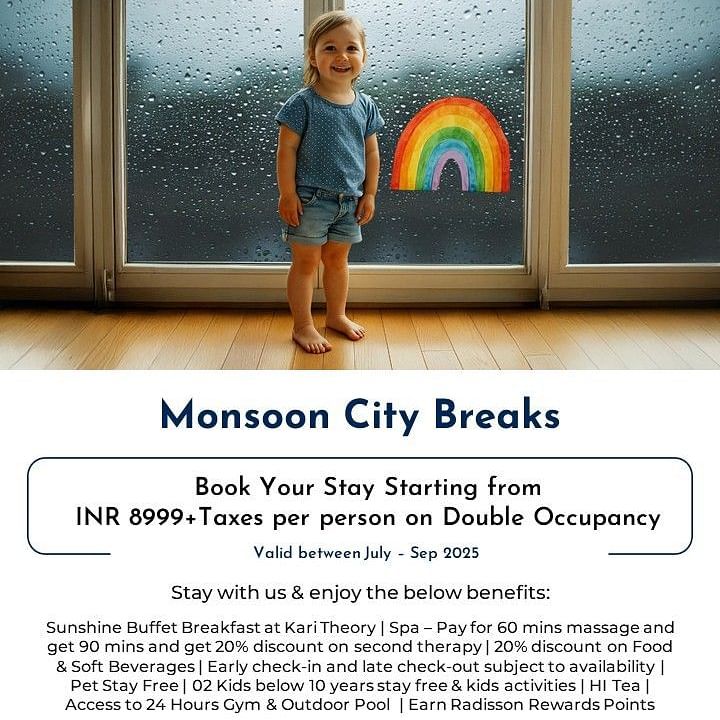 Creative artistic photography of a young child standing by rain-streaked windows holding a colorful rainbow decoration, capturing the joy and wonder of monsoon season during a family stay, promoting the Monsoon City Breaks package.