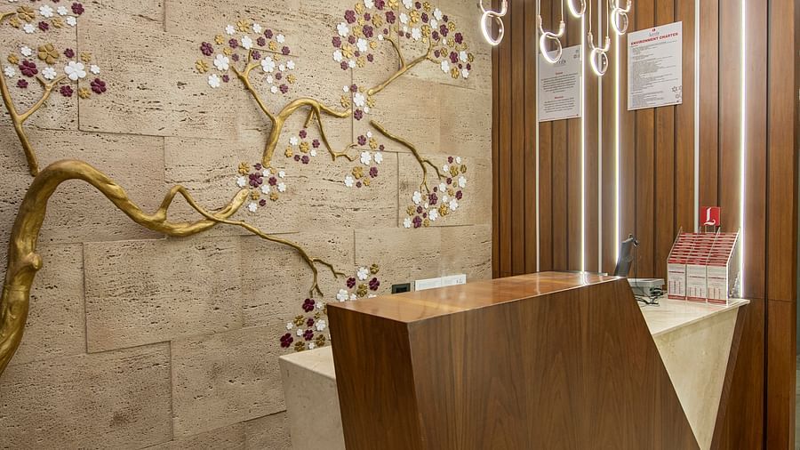 An abstract view of a hotel corridor with unique wall decorations - SK Lords Inn Ahmedabad