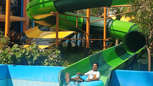A rider splashes into the pool at the end of a green water slide, surrounded by palm trees and mountains.