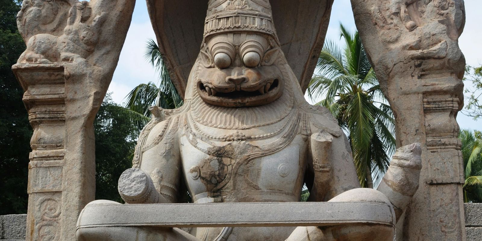 An overview of a stone sculpture inside Lakshmi Devi Temple in Hassan.