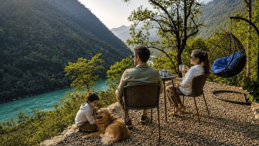 A family of 3 people with their pet golden retriever dog lounging at an open area of Neemrana's Glasshouse on The Ganges, overlooking the flowing Ganga River.