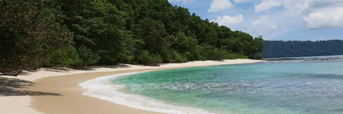 A view of a beach from seashore alongside a mountain.