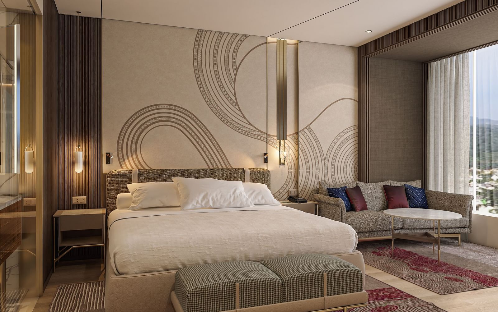 A spacious guest room with a double bed, soft accent lighting, modern decor, and a sofa by the window at Merlis Hotel, Coimbatore