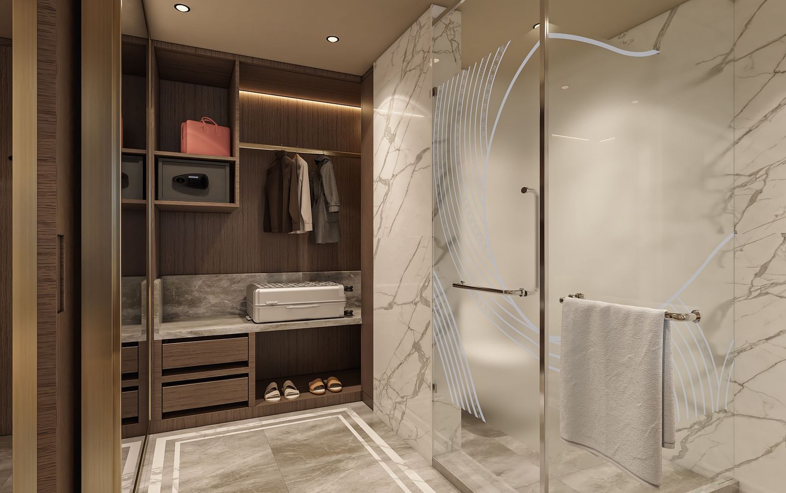 A side view of a modern bathroom with a glass-enclosed shower, towel rail, and adjacent open closet featuring shelves, hanging space, and storage drawers at Merlis Hotel, Coimbatore