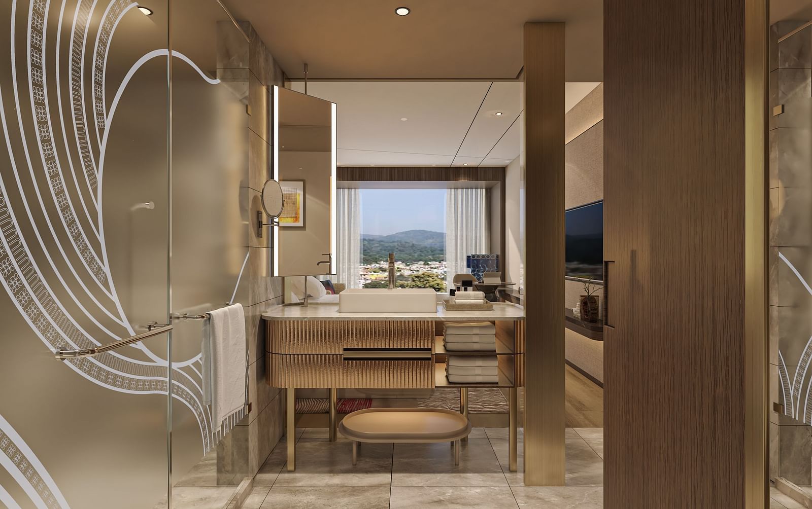 A vanity area with sink, towel on a handle, modern interior on walls overlooking the bedroom glass window at Merlis Hotel, Coimbatore