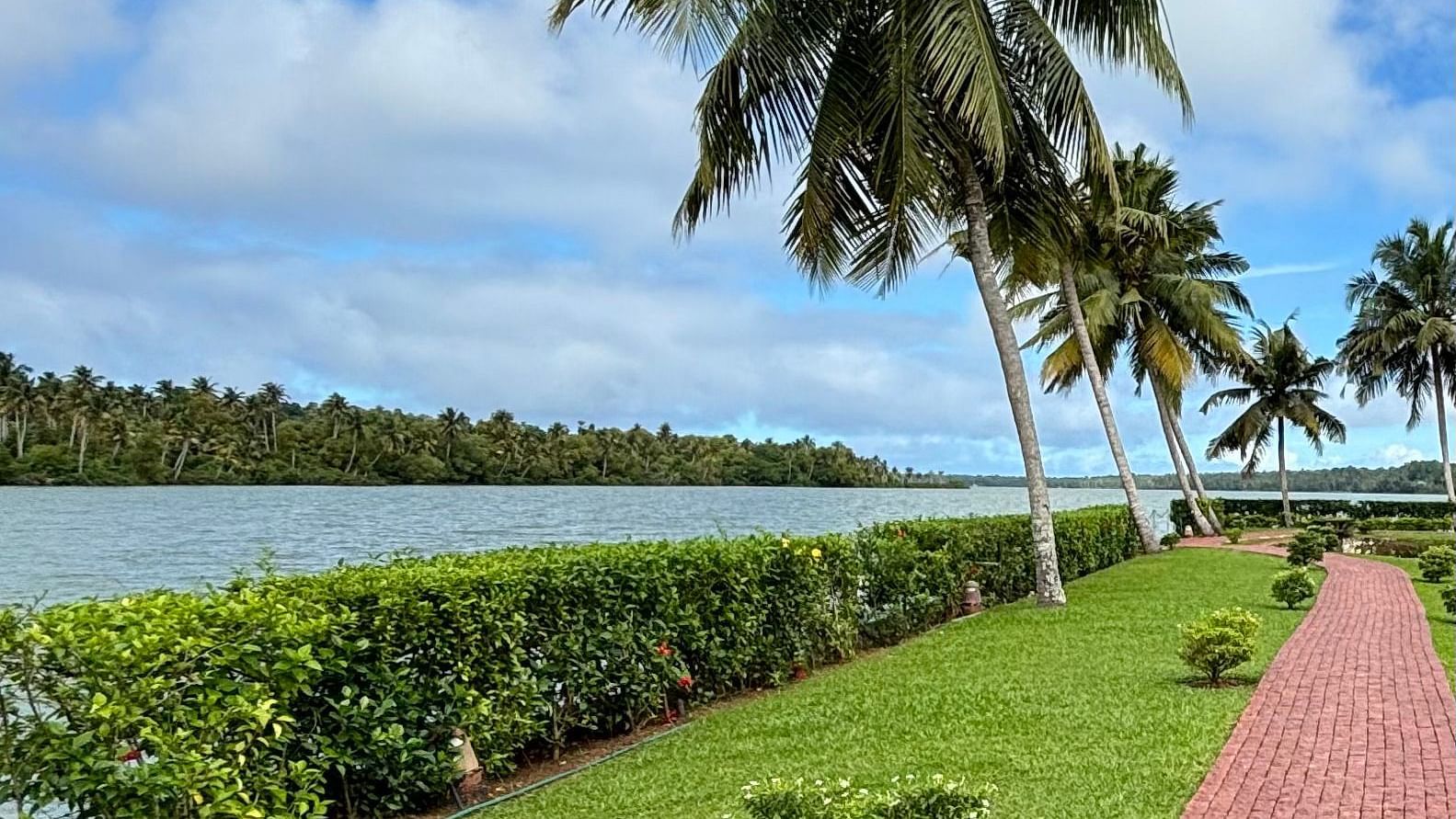 A brick pathway next to the backwaters surrounded by palm trees on a cloudy day. - Still Waters, Varkala