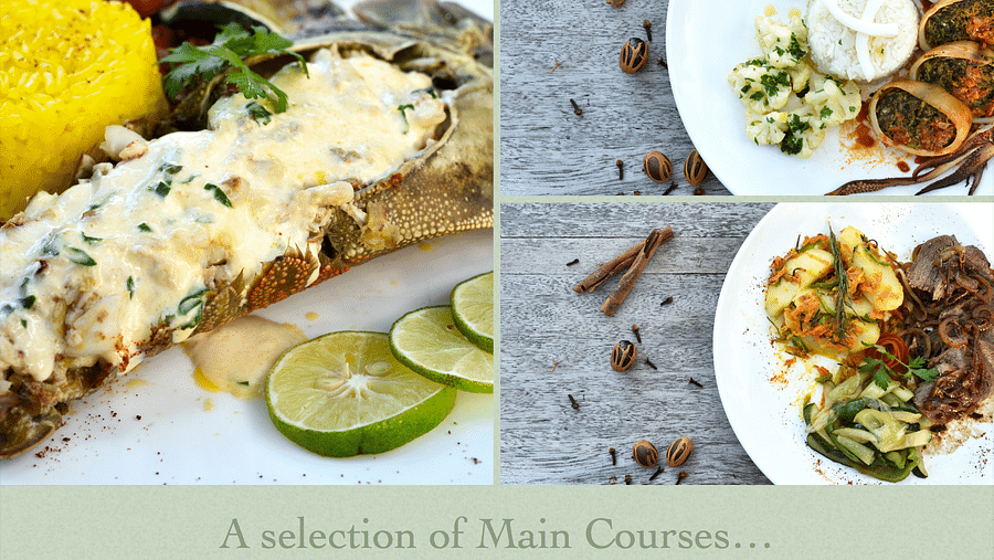 A collage of various gourmet Main Courses displayed on rustic wooden tables at Shooting Star Boutique Hotel