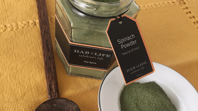 A jar of spinach powder at Hablis Hotel, Chennai
