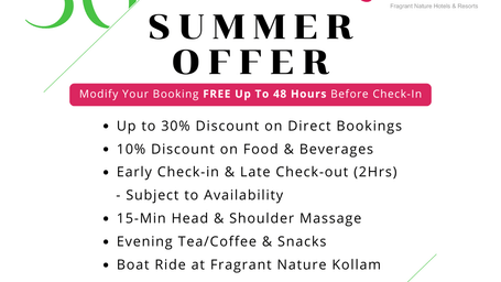 Fragrant Nature Summer Offer banner with 30% discount, booking flexibility, dining perks, spa, and boat ride benefits.