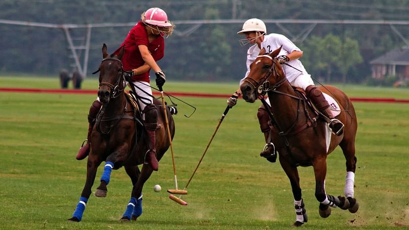 Two polo players duelling for the ball on the ground while playing polo