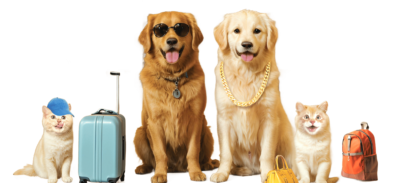 Image with two dogs, two cats along with luggage.