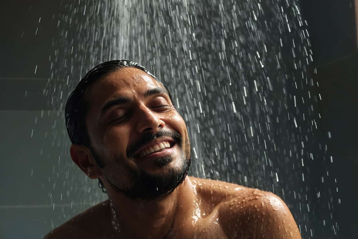 Smiling man enjoying a refreshing shower under a large rainfall showerhead, eyes closed and relaxed as water streams down in a dimly lit bathroom.