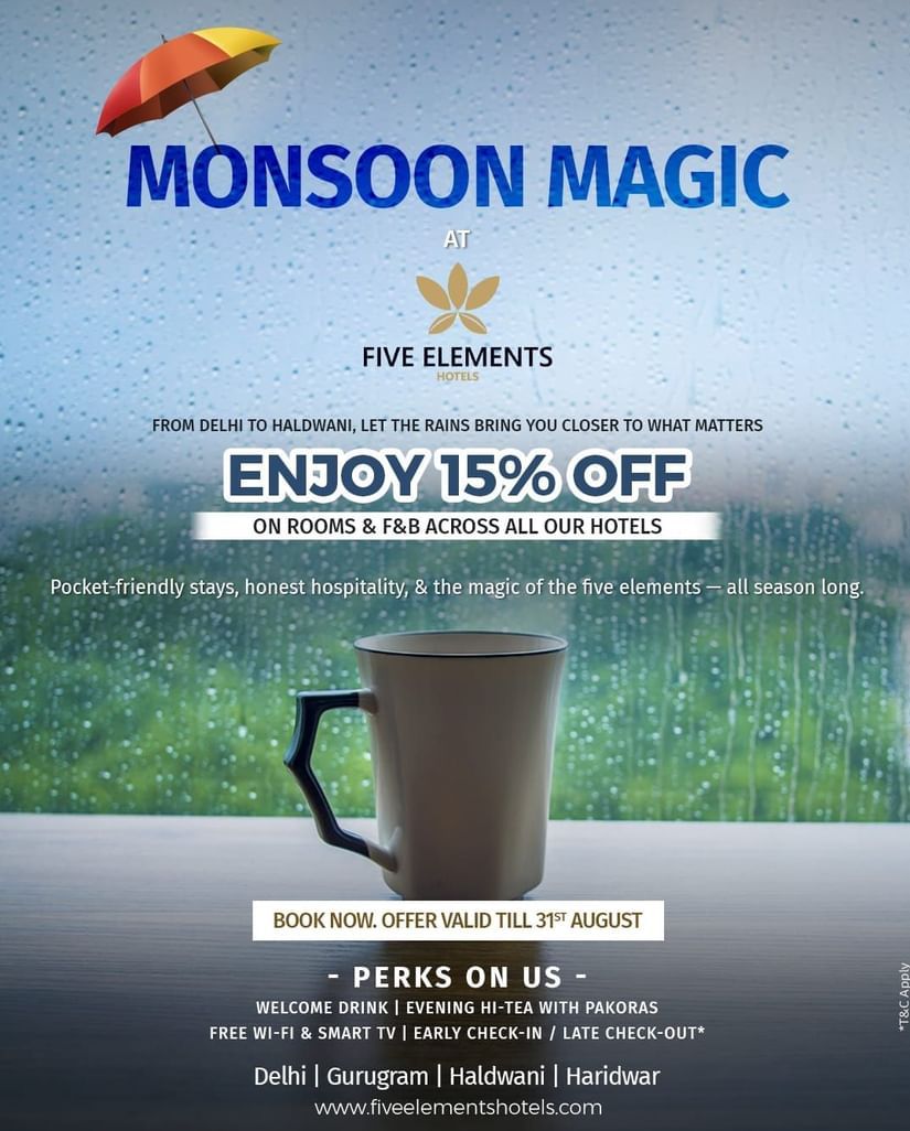 Discover Monsoon Magic at Five Elements Hotels with cozy stays, seasonal delights, and exclusive rainy-day perks.
