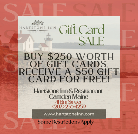 Hartstone Inn Gift Card Sale flyer with a red background and text promoting the offer