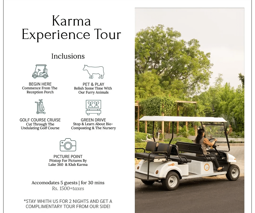Karma Chalets experience tour guide displayed next to a golf cart.