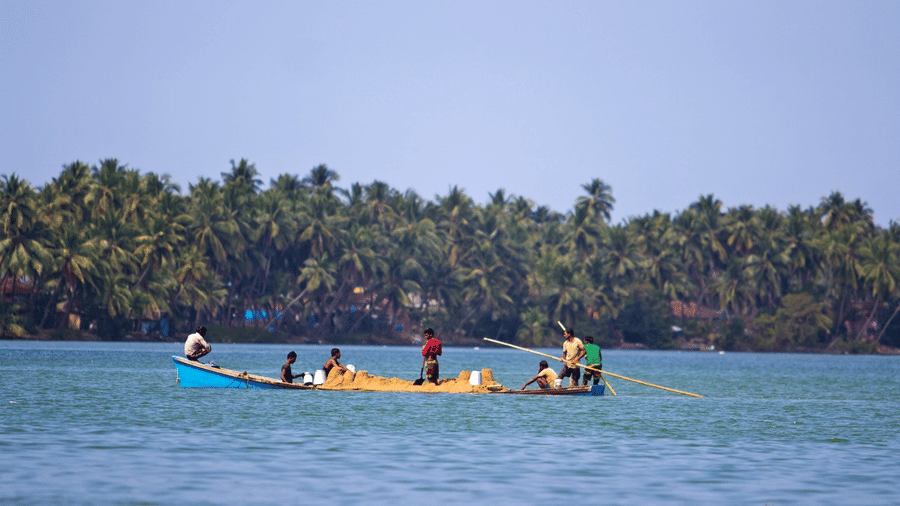 Group of people paddling a long canoe-style boat on a river, with dense palm trees in the background at Paradise Lagoon Resort, Udupi.