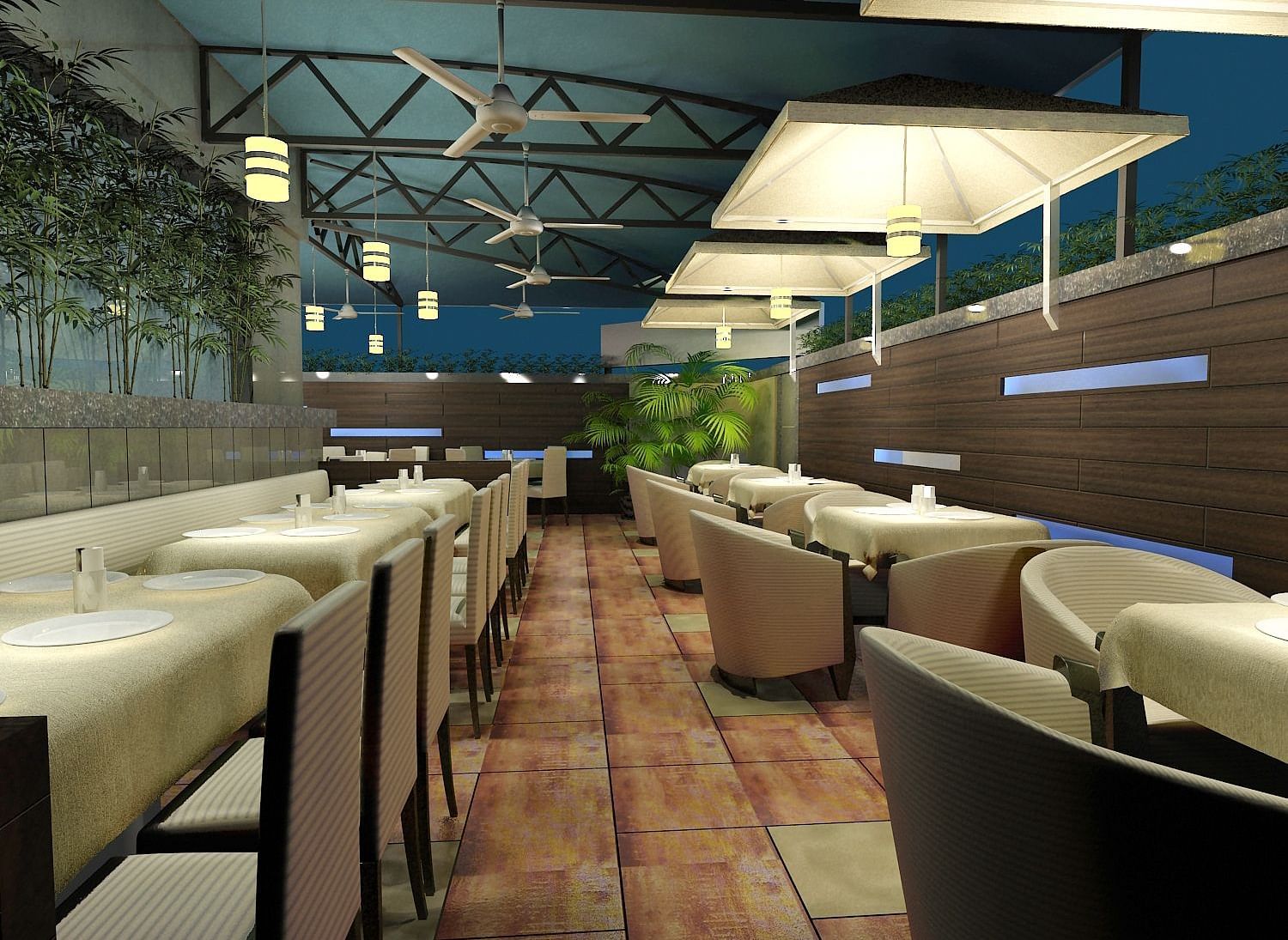 Outdoor dining area with chairs and tables arranged neatly, surrounded by plants at Oriental Aster, Mumbai.