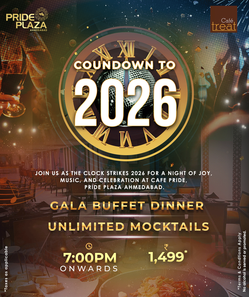 New Year’s Eve 2026 countdown poster at Café Pride, Pride Plaza Ahmedabad, featuring a gala buffet, unlimited mocktails, 7 PM start, INR 1,499, with festive dining and clock imagery.